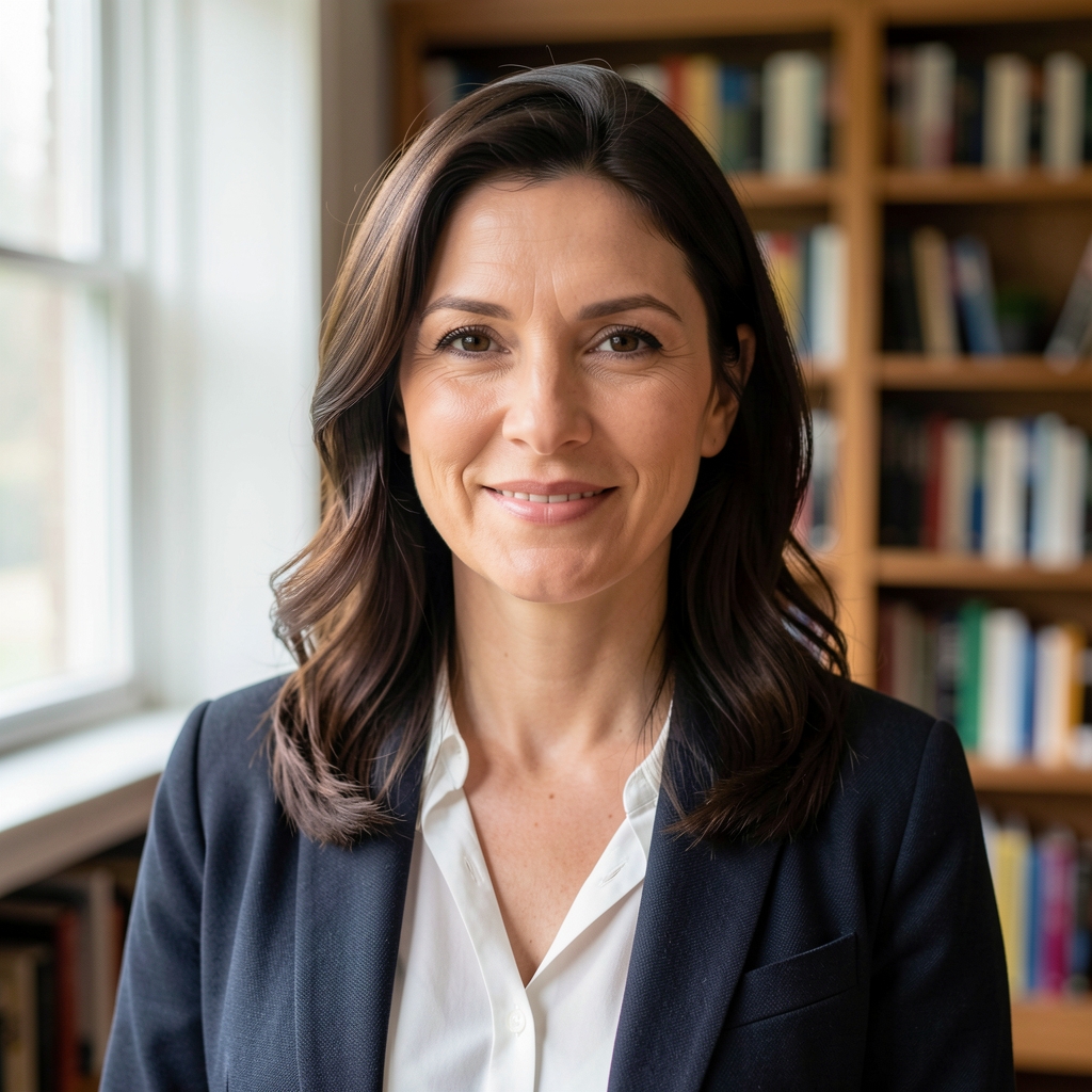 Editorial portrait of a woman writer in a well-lit study room with bookshelves in the background, natural light from a side window
