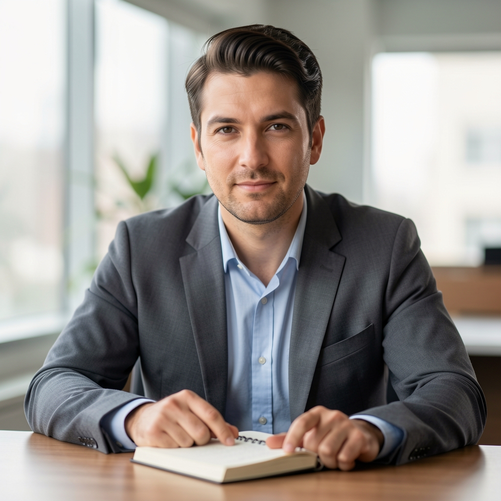 Editorial portrait of a man in a quiet office setting with a notebook open in front of him, soft diffused daylight
