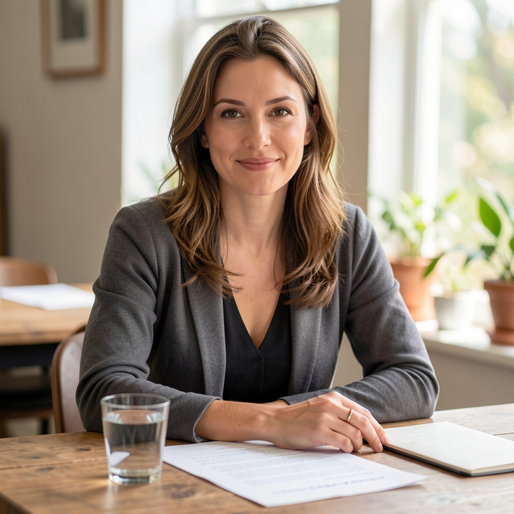 Editorial portrait of a woman writer at a wooden table with a glass of water and printed research notes in a light-filled workspace