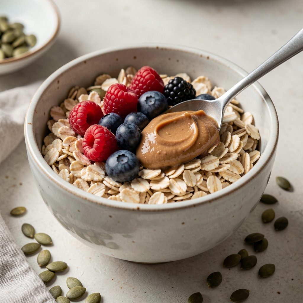 Close-up of a bowl of steel-cut oats topped with mixed berries, a spoonful of nut butter, and a scattering of pumpkin seeds on a ceramic surface