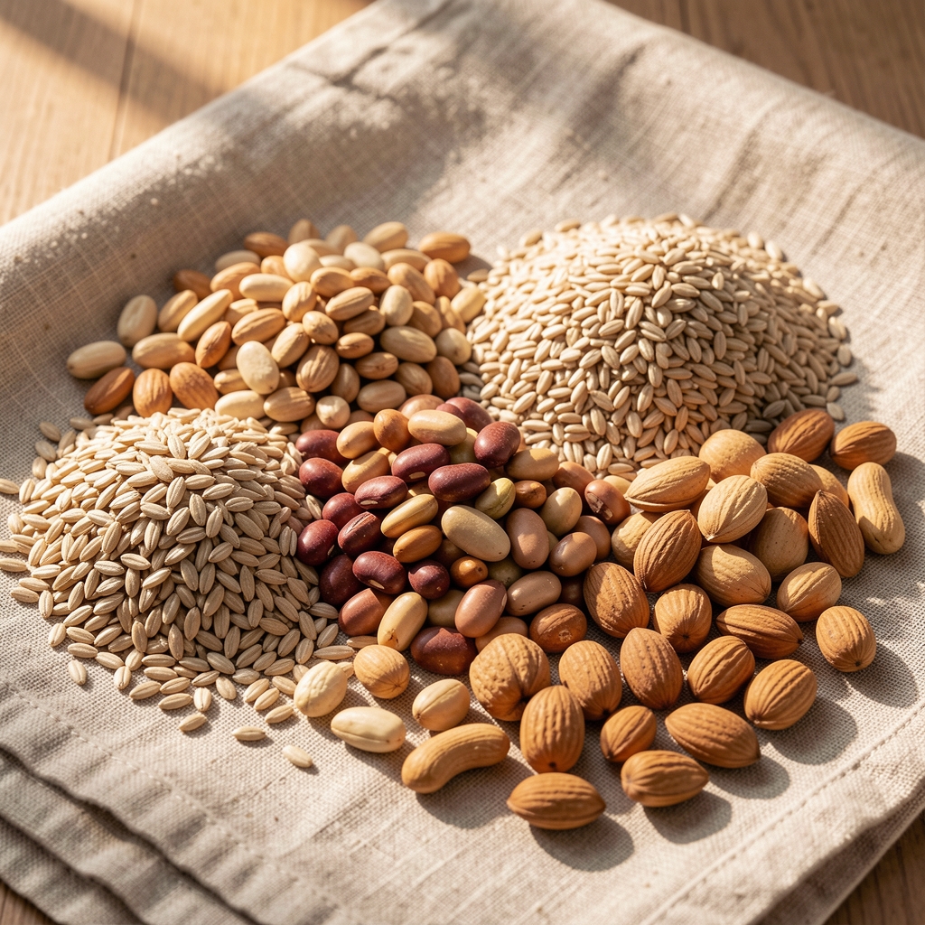 Assorted whole grains, legumes and nuts arranged on a linen cloth under warm natural light, representing nutrient-dense foods for men