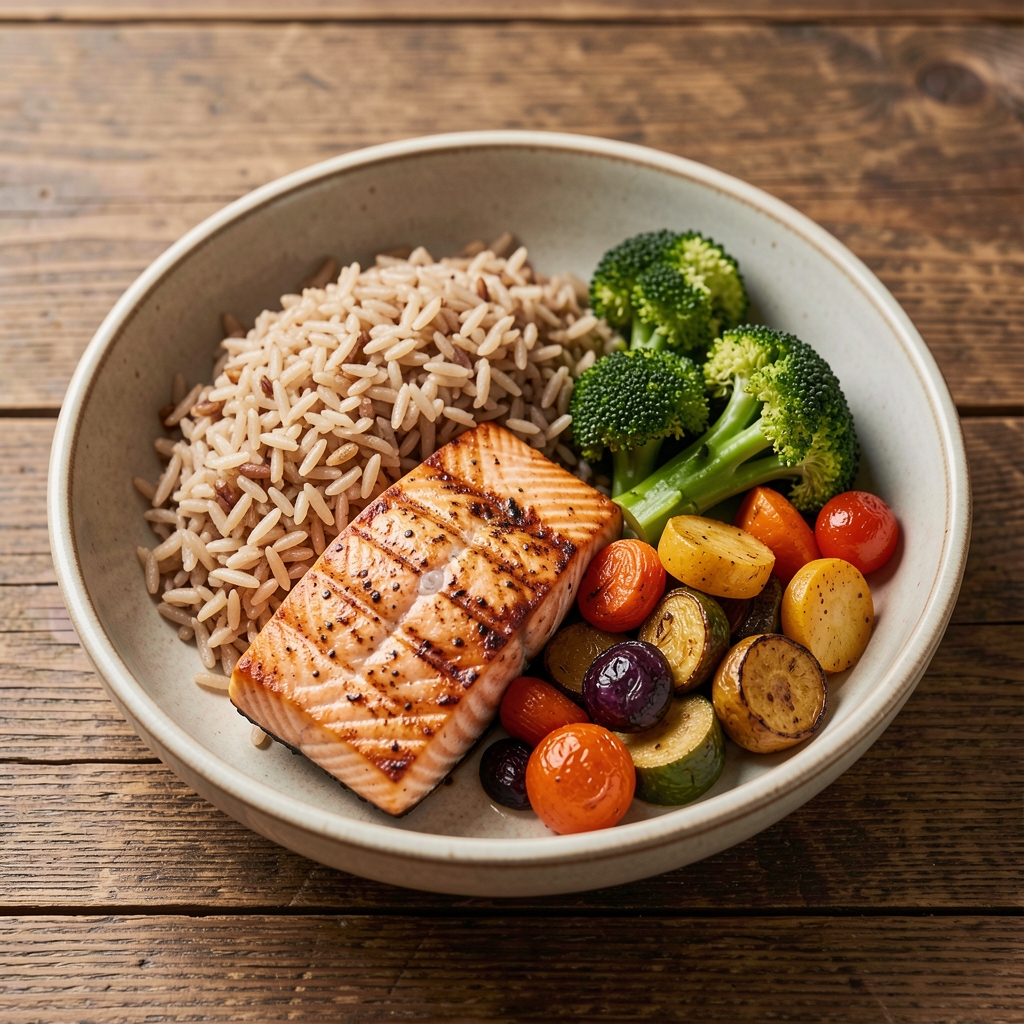 A balanced post-workout meal of grilled salmon, brown rice, and roasted seasonal vegetables served in a ceramic bowl on a wooden table