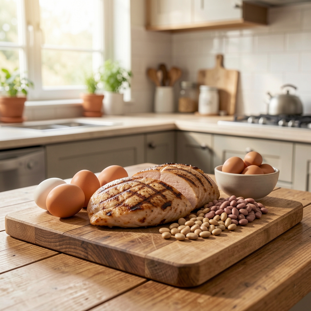 Lean protein sources including grilled chicken, eggs and legumes on a wooden chopping board in a well-lit home kitchen