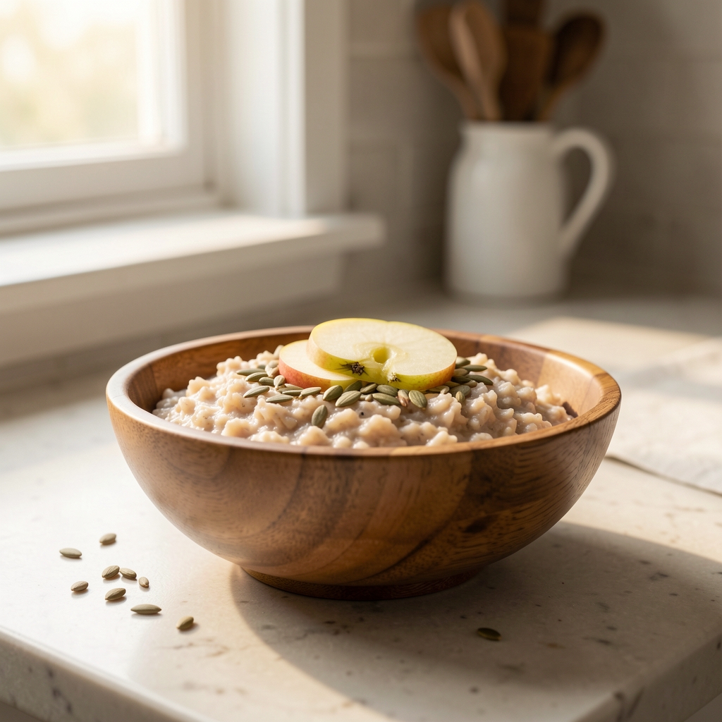 Wooden bowl of cooked steel-cut oats topped with seeds and sliced apple on a kitchen counter with soft morning window light
