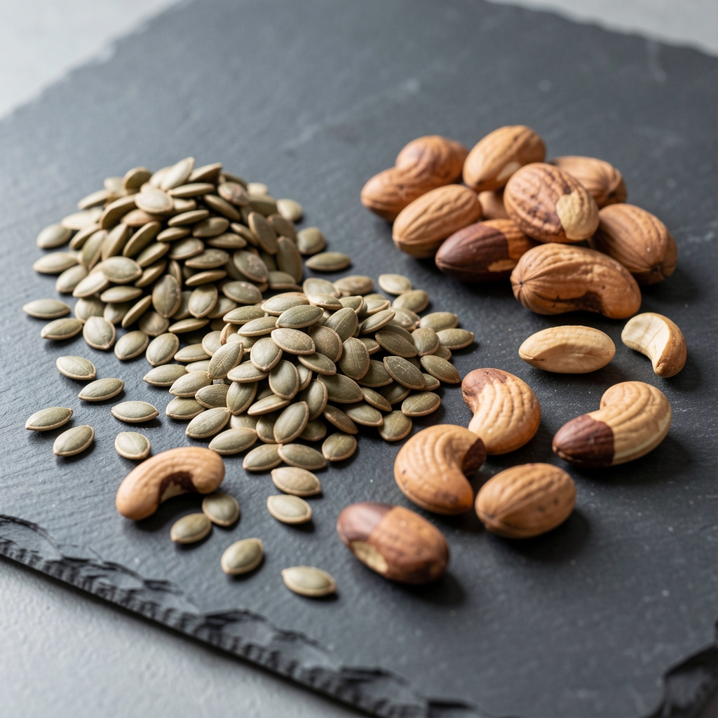 A seasonal vegetable arrangement with zinc-rich pumpkin seeds and brazil nuts spread across a slate surface in soft daylight