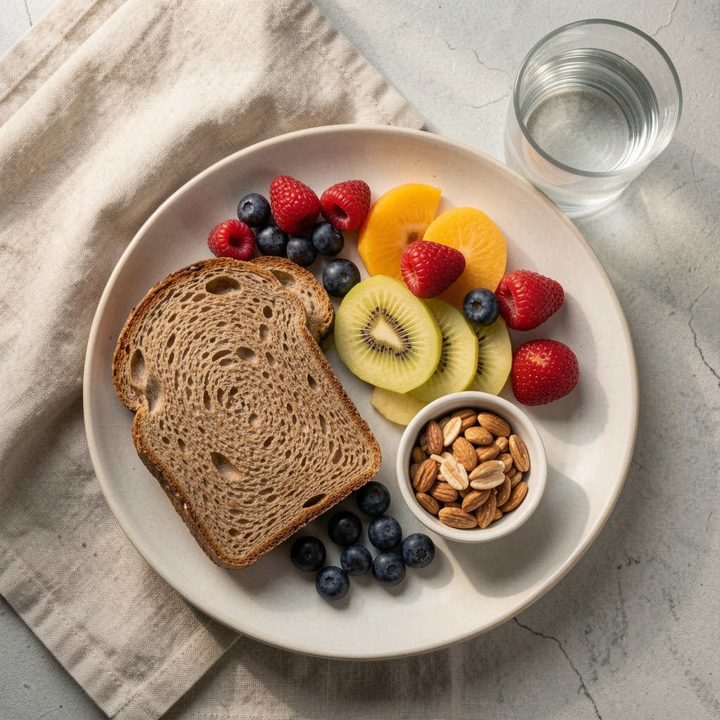Overhead view of a carefully arranged breakfast plate with whole grain bread, seasonal fruit, and a small bowl of nuts on a linen cloth beside a glass of water