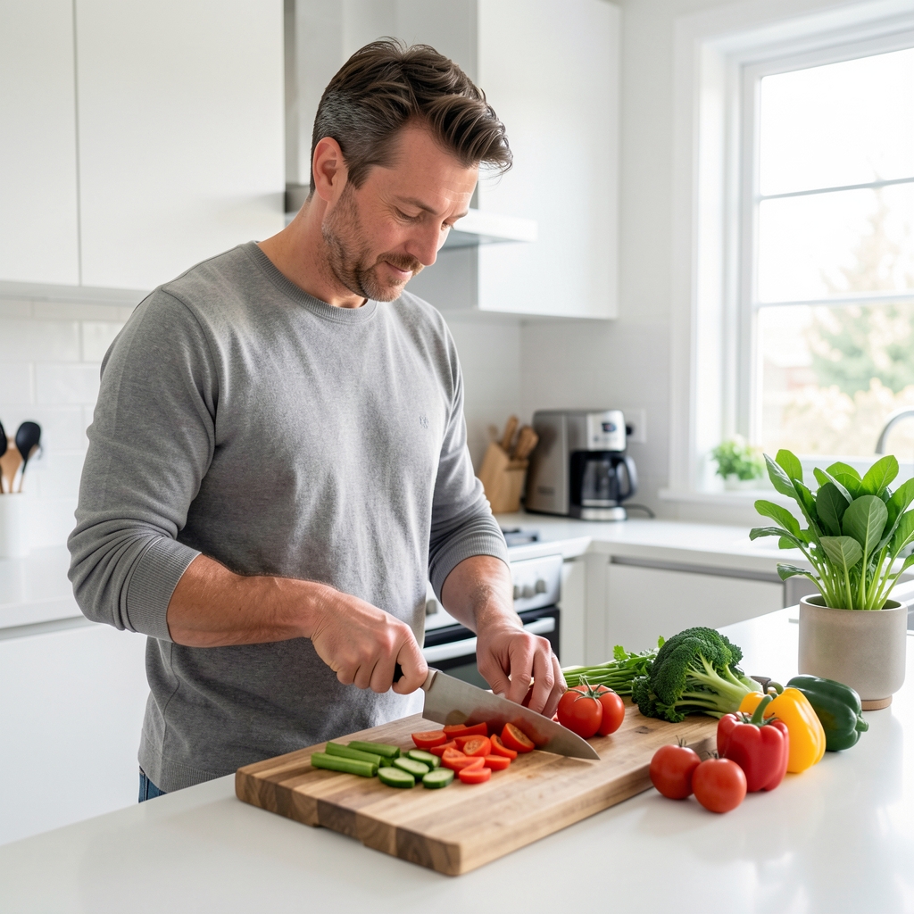 Man in his late thirties preparing a meal in a bright modern kitchen, chopping seasonal vegetables on a wooden board