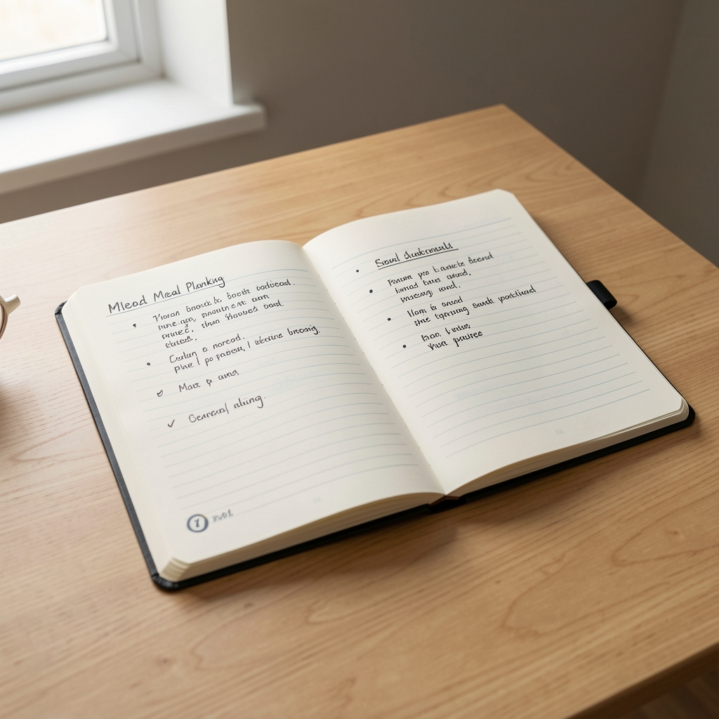 Open notebook with handwritten meal planning notes on a clean wooden desk, natural window light from the left