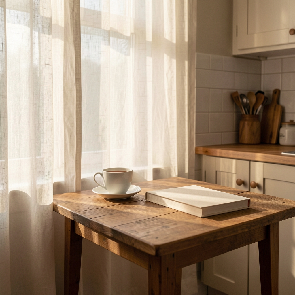 Morning light filtering through linen curtains onto a small kitchen table with a cup of tea and a single book