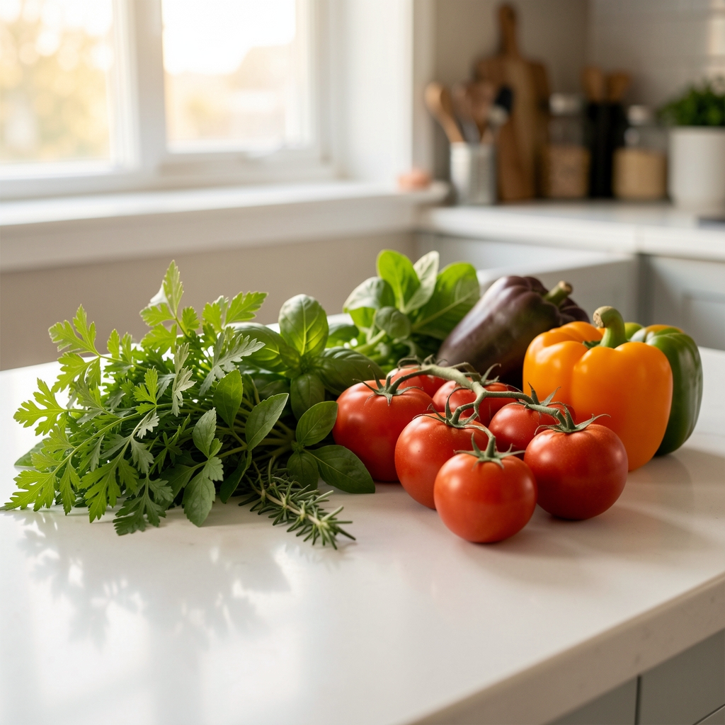 Detail shot of fresh herbs and seasonal vegetables on a clean kitchen counter with warm natural light